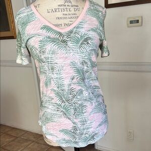“ATM” Pink and Green Palm Print V-Neck T-Shirt